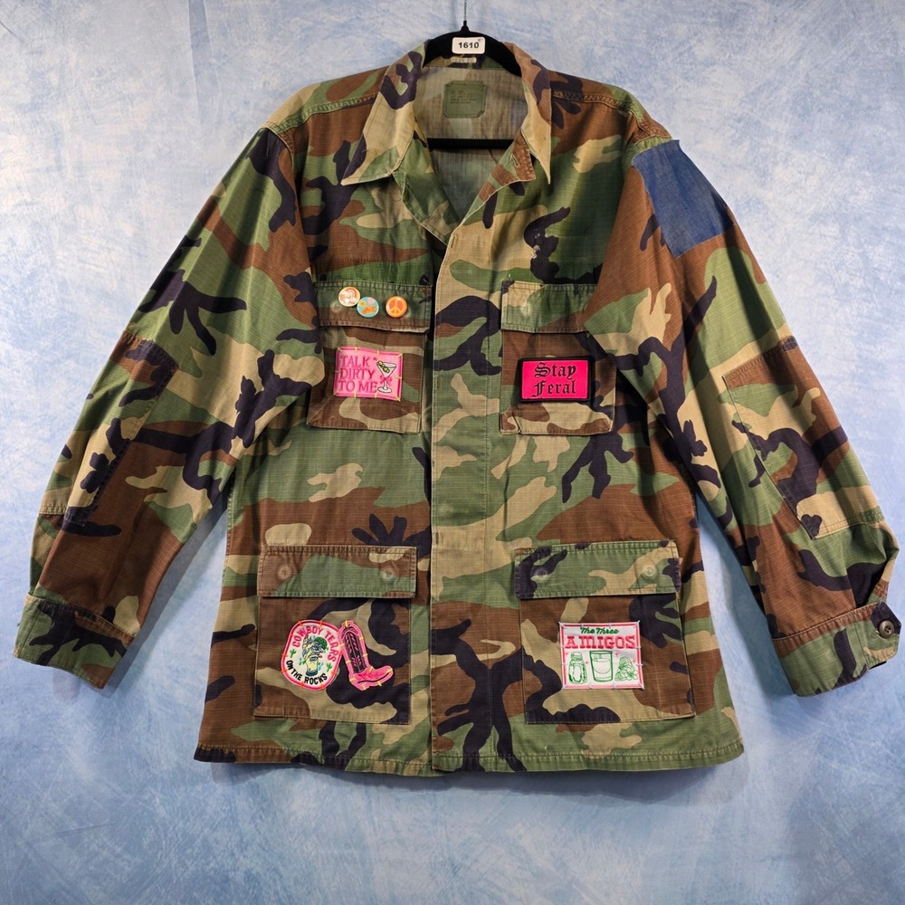 Custom Patch Camo Jacket Large Long Woodland‎ Military Field Coat Sequin Lips